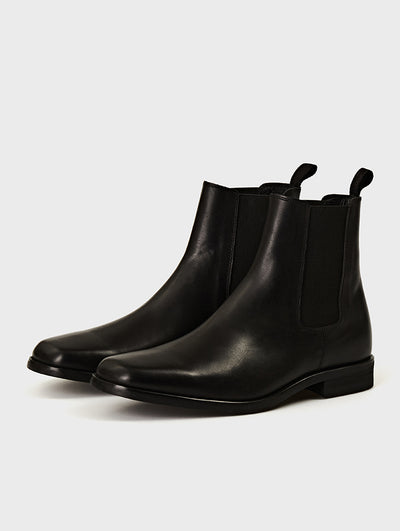 Black Leather Square Toe Chelsea Boots