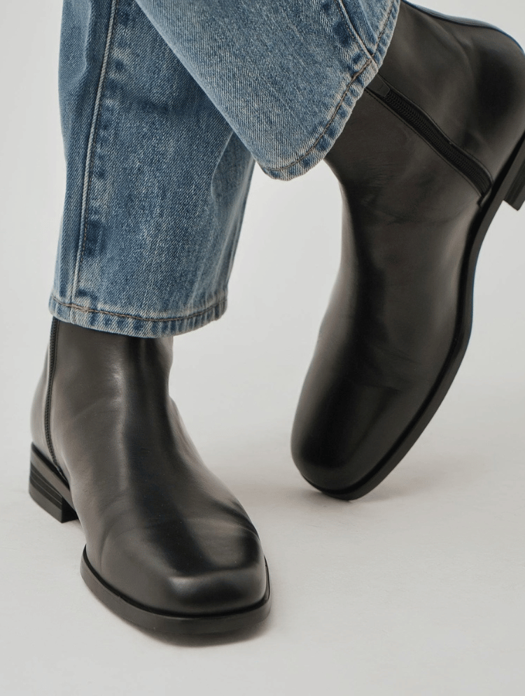 Black Square Toe Boots Men Square Toe Black Leather Chelsea Boots